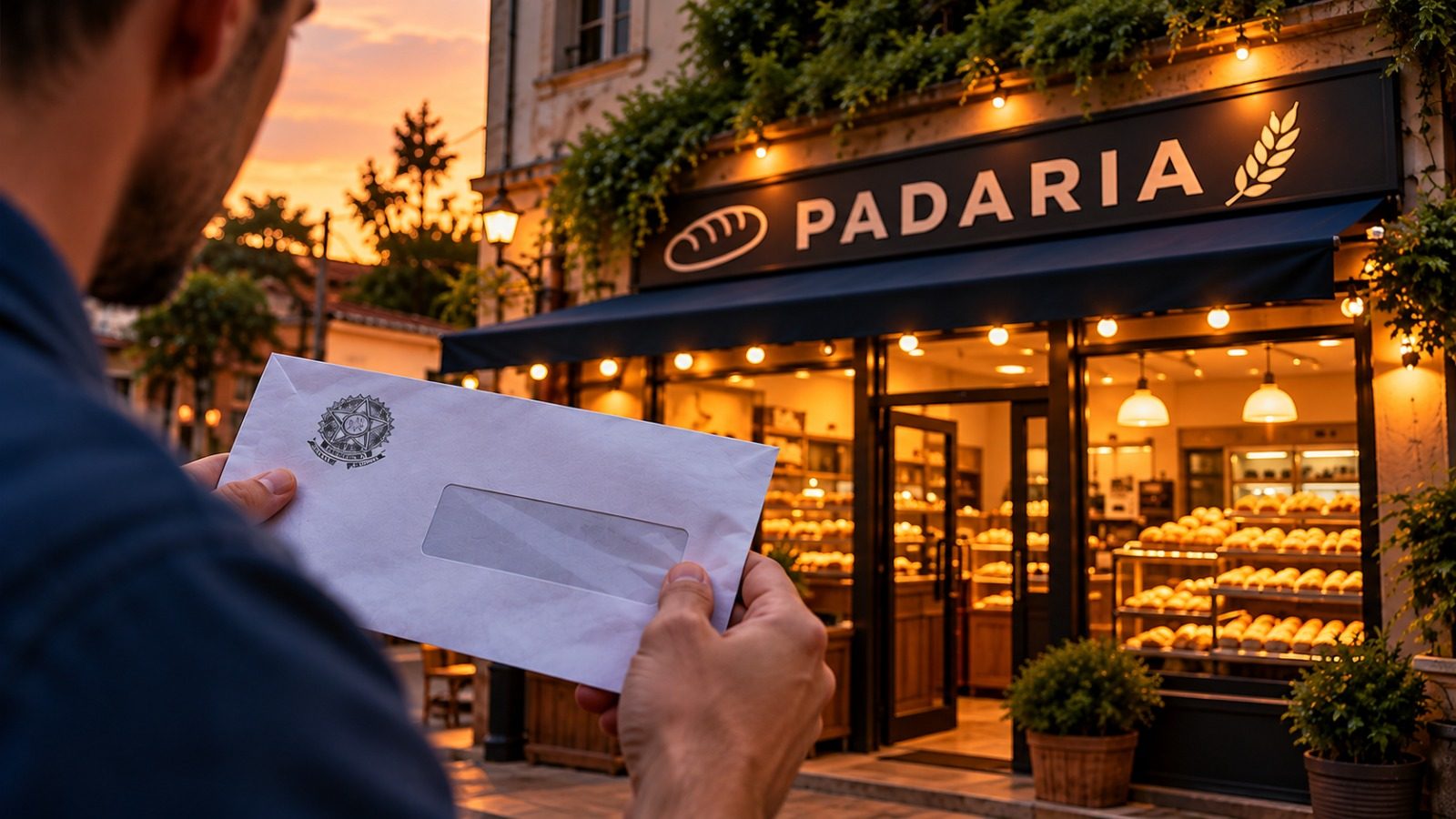 Dono de uma padaria segura um envelope oficial em frente à fachada iluminada do próprio negócio, ao entardecer