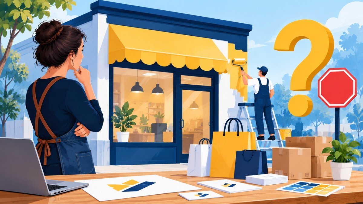 Empreendedora observa a fachada da loja sendo pintada, com sacolas e materiais da marca prontos, antes de verificar se o nome pode ser registrado